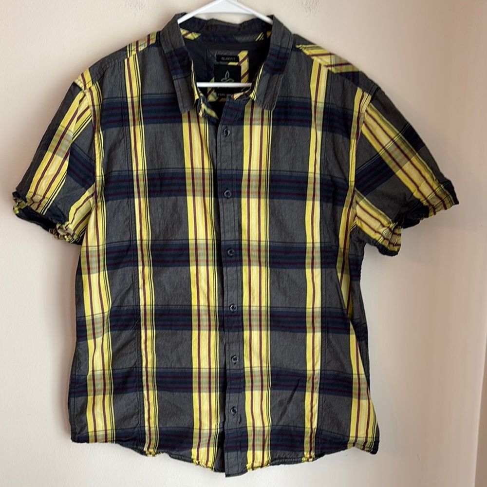 Prana Men’s Yellow and navy blue Casual Button Down Shirt office outdoors XL EUC